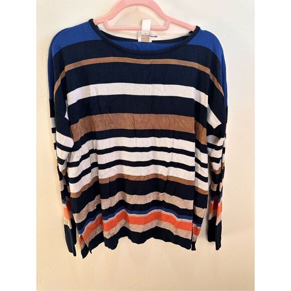 Chicos Blue and Tan Pull Over Stripe Sweater Size Medium New - Picture 1 of 6